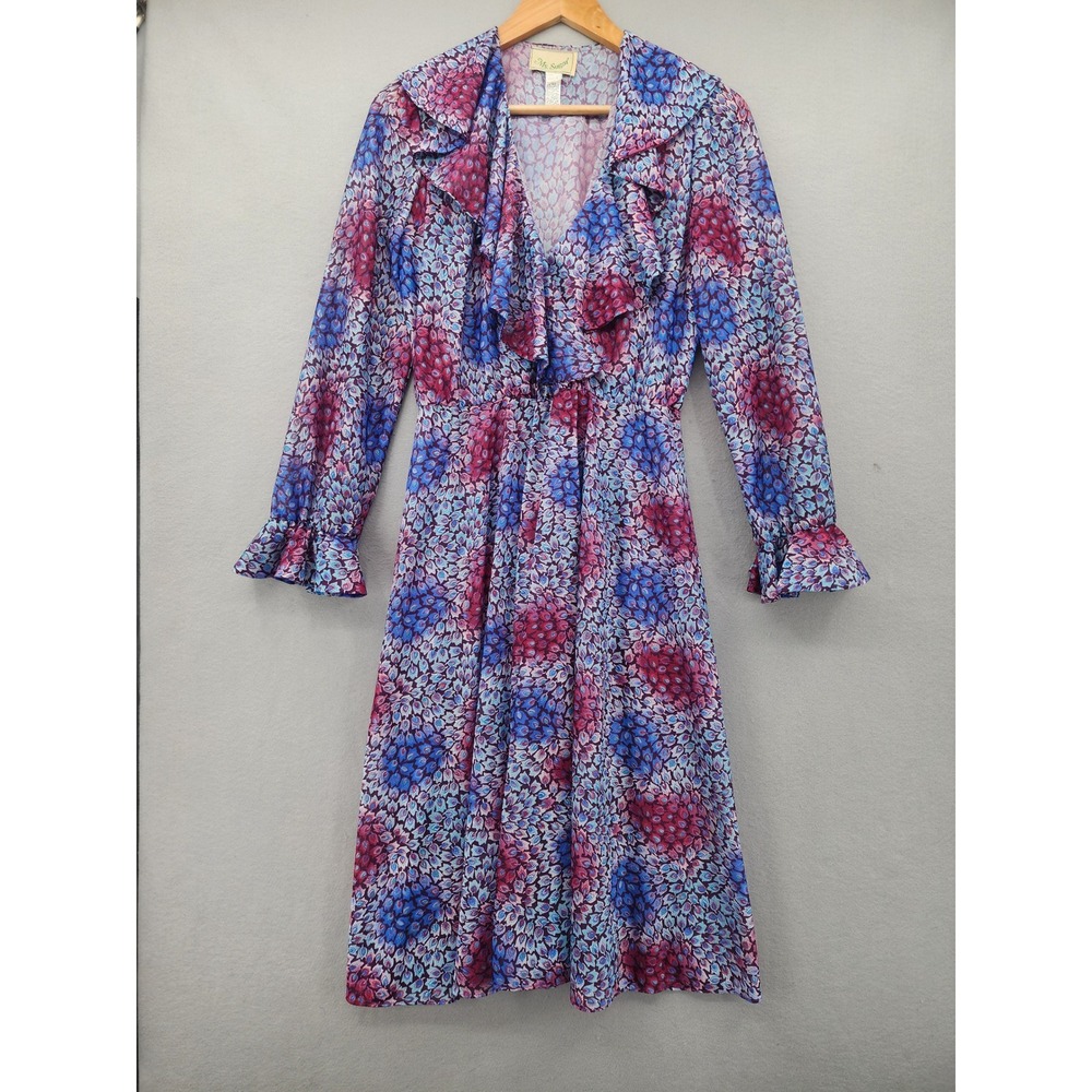 Vintage Ms Sugar Floral Petal Print Ruffle Midi Dress Blue Purple Retro Size 8